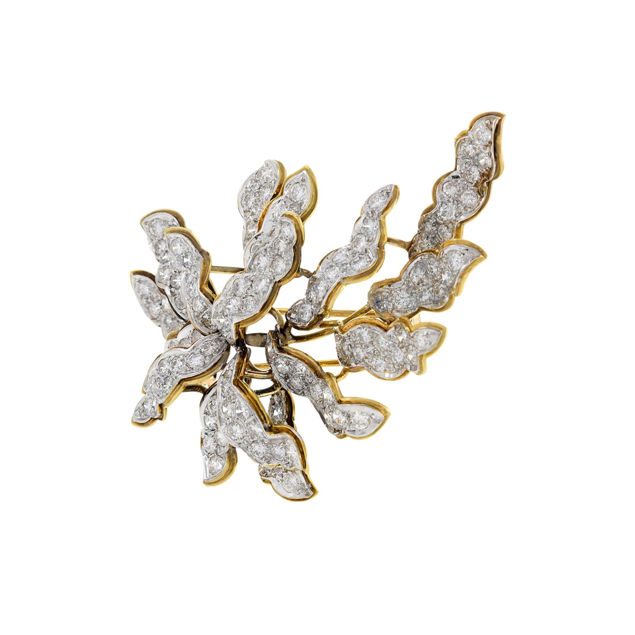 Round Cut Vintage Retro 18KT Yellow Gold Large Floral Diamond Brooch