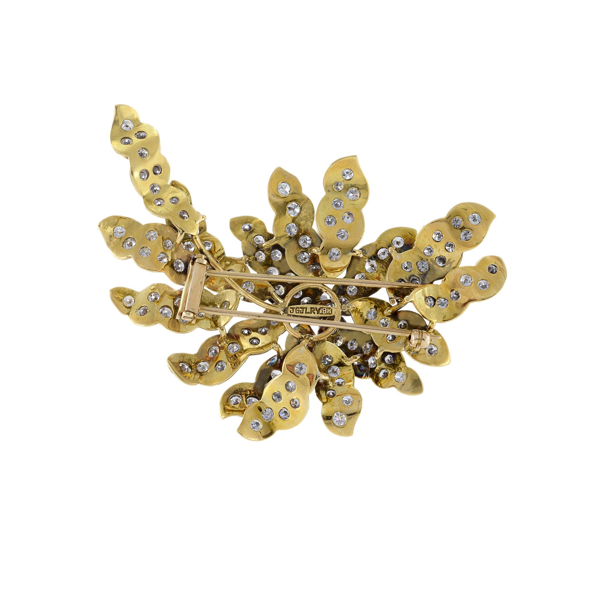 Women's Vintage Retro 18KT Yellow Gold Large Floral Diamond Brooch