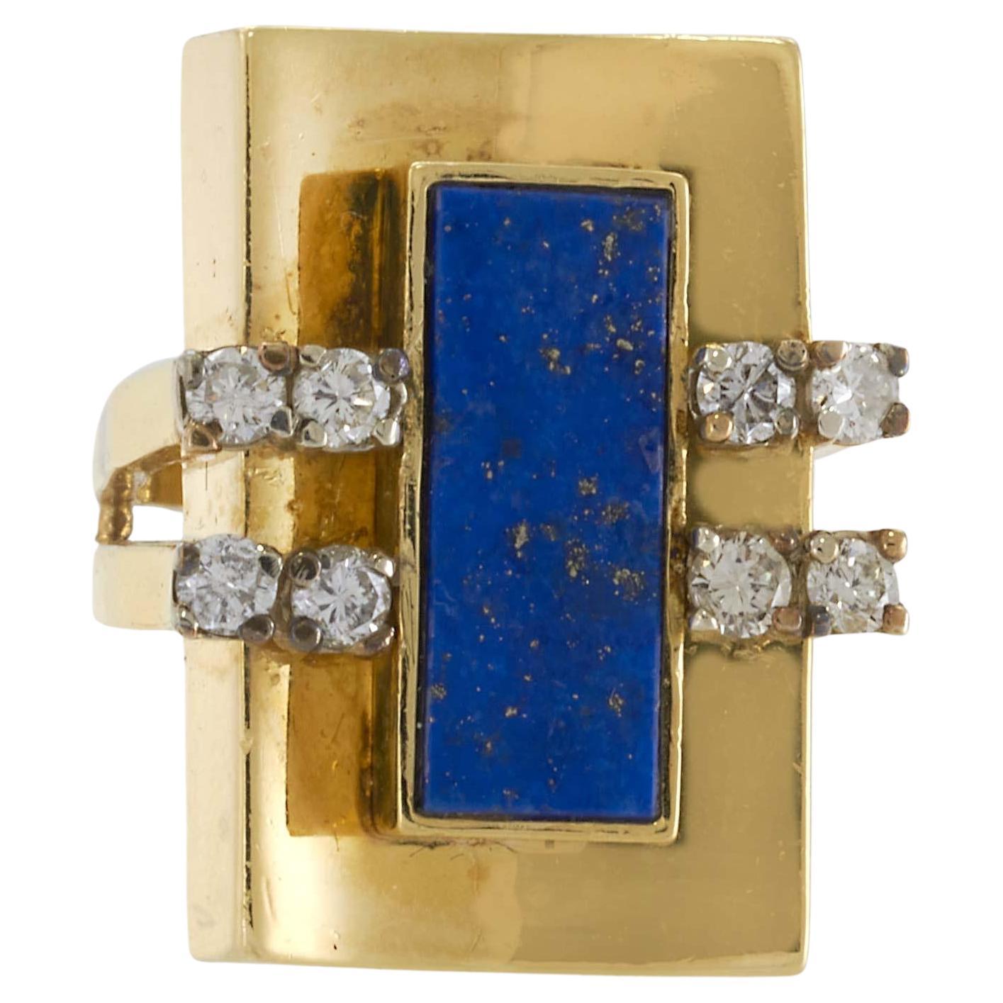 Vintage Retro 18KT Yellow Gold Rectangular Lapis 
Diamond Cocktail Ring For Sale