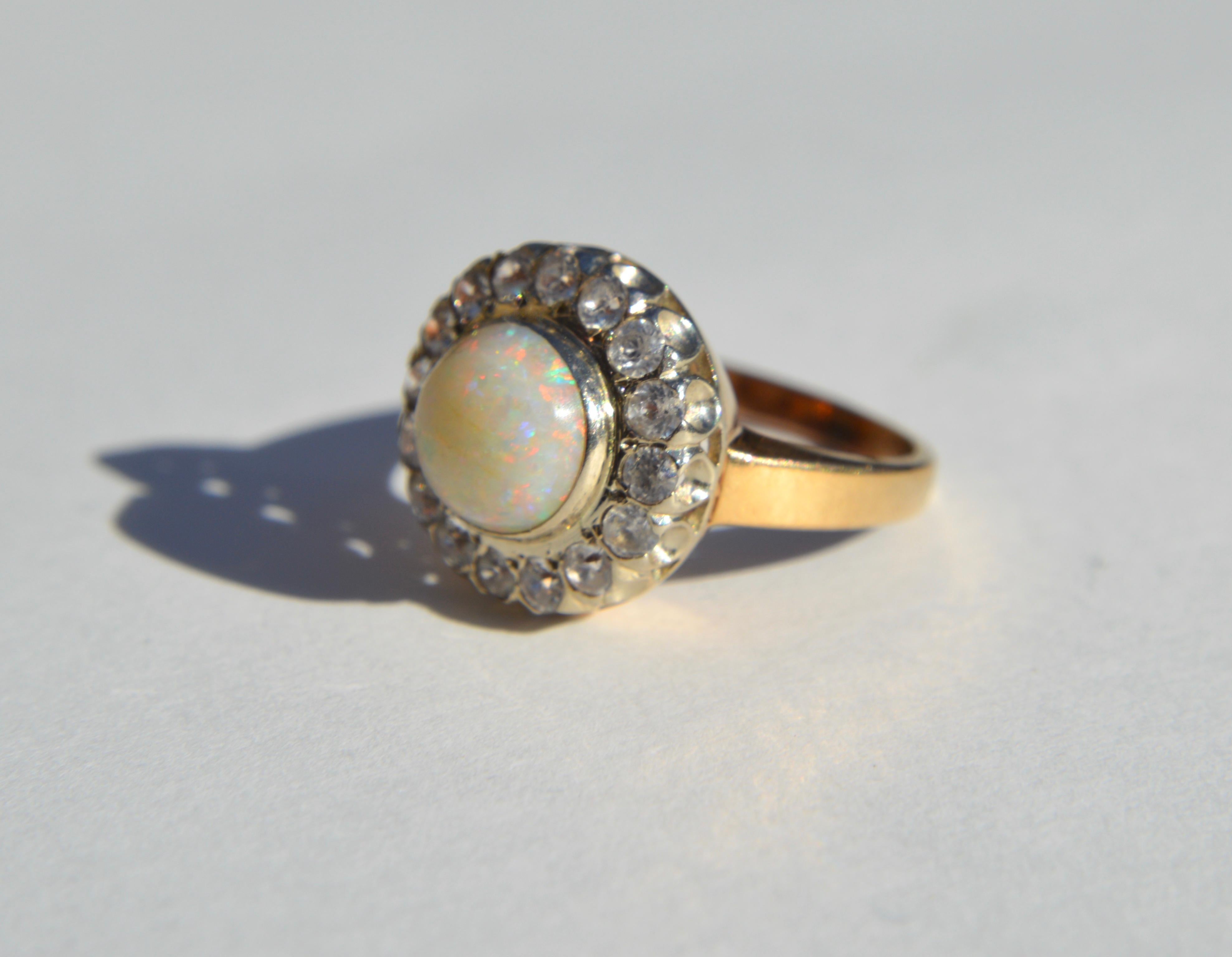 Round Cut Vintage Retro 1940s 2.04 Carat Opal Diamond 14 Karat Gold Halo Engagement Ring For Sale