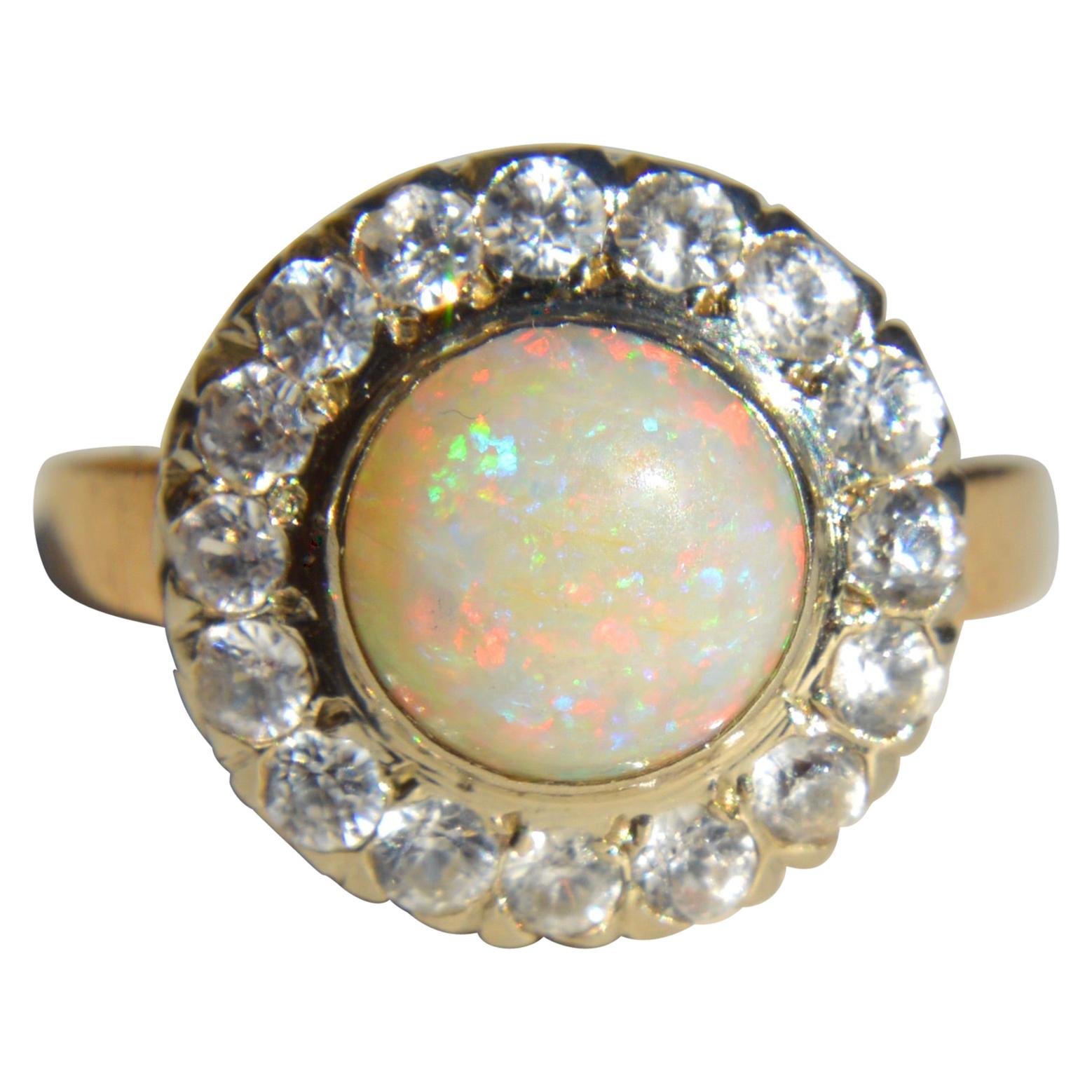 Vintage Retro 1940s 2.04 Carat Opal Diamond 14 Karat Gold Halo Engagement Ring For Sale