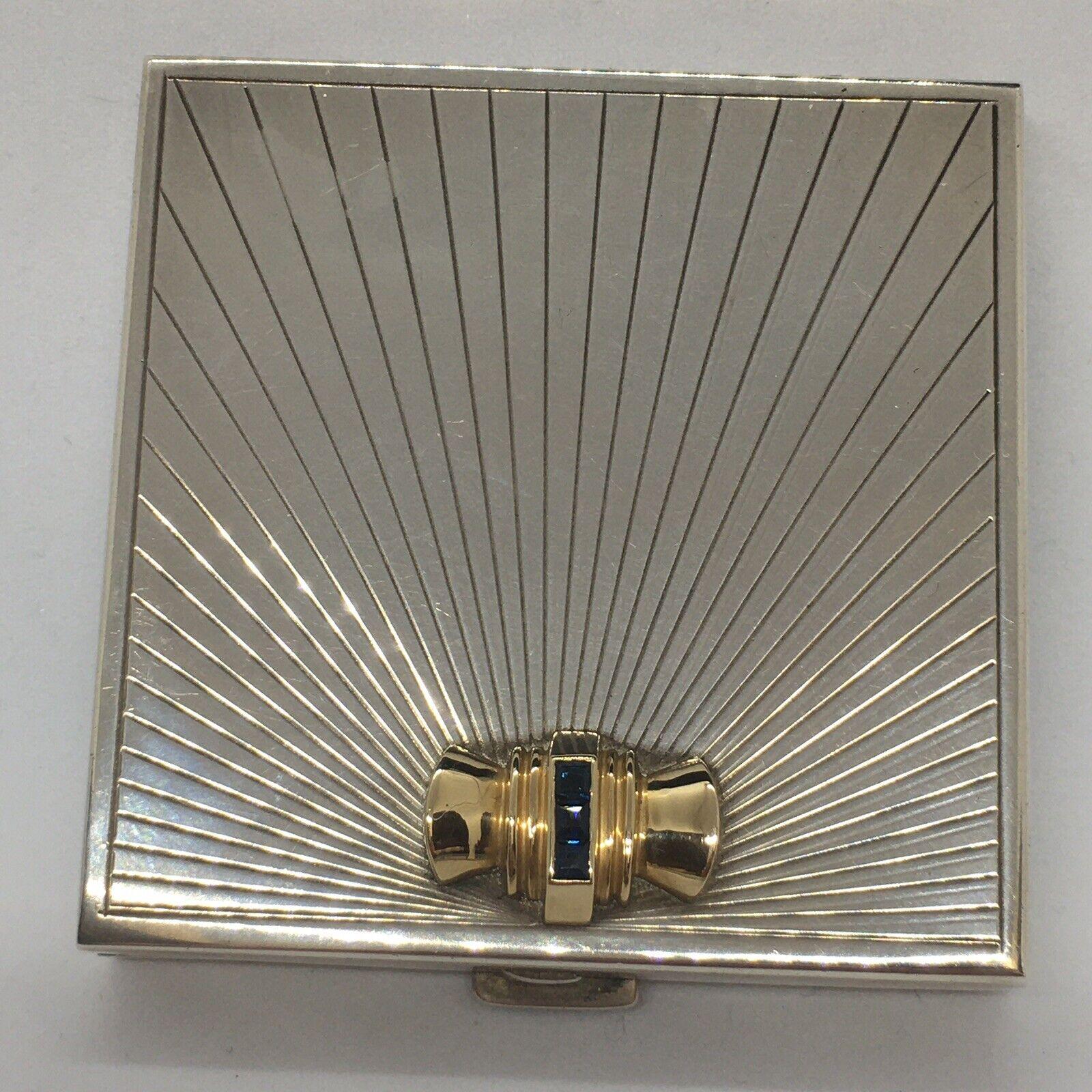 Vintage Retro 1940s Tiffany & Co Sterling Silver 14K Gold Sapphire Compact For Sale