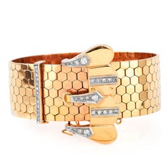 Vintage Retro 1950's Wide 18k Pink Gold Diamond Belt Bracelet