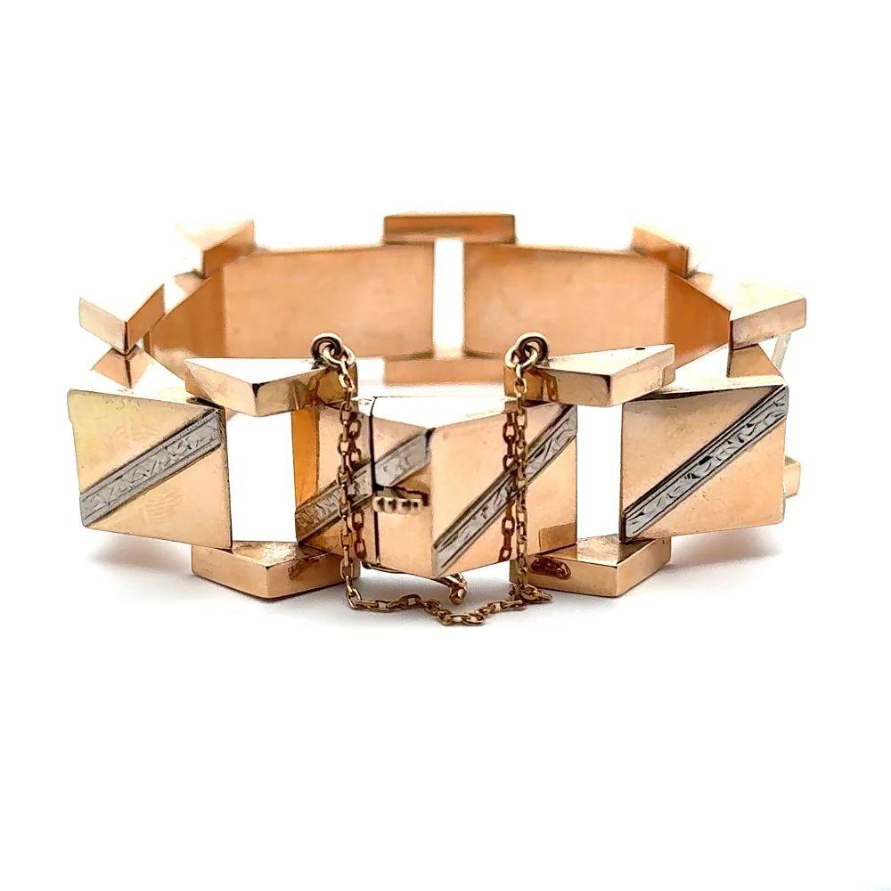 RETRO Bracelet vintage à maillons pyramidaux gravés en or 2 tons Pour femmes en vente