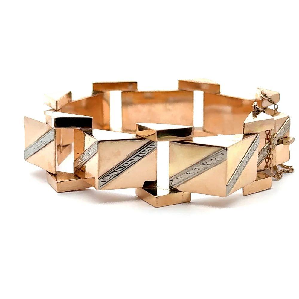 RETRO Bracelet vintage à maillons pyramidaux gravés en or 2 tons en vente 1
