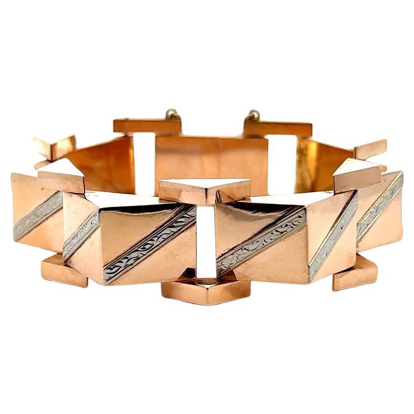 RETRO Bracelet vintage à maillons pyramidaux gravés en or 2 tons