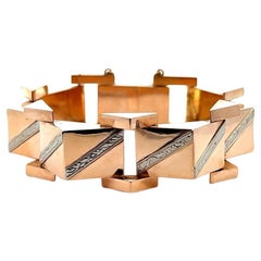 RETRO Bracelet vintage à maillons pyramidaux gravés en or 2 tons