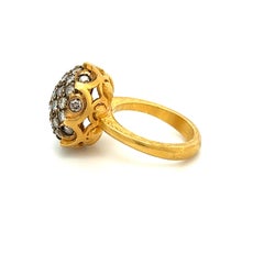 Vintage Retro 22k Carved Yellow Gold and Round Ball Diamond Cluster Ring