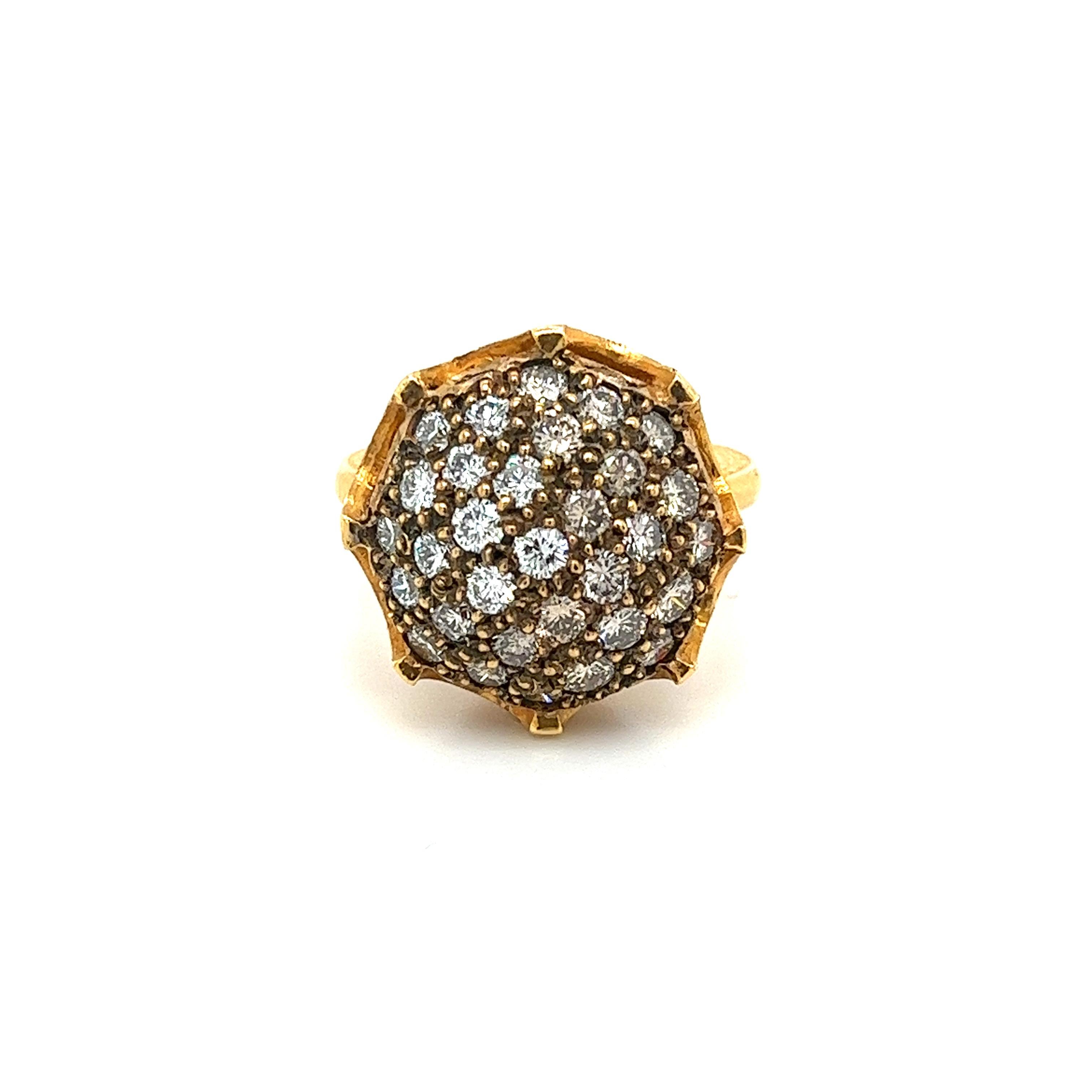 Round Cut Vintage Retro 22k Carved Yellow Gold and Round Ball Diamond Cluster Ring  For Sale