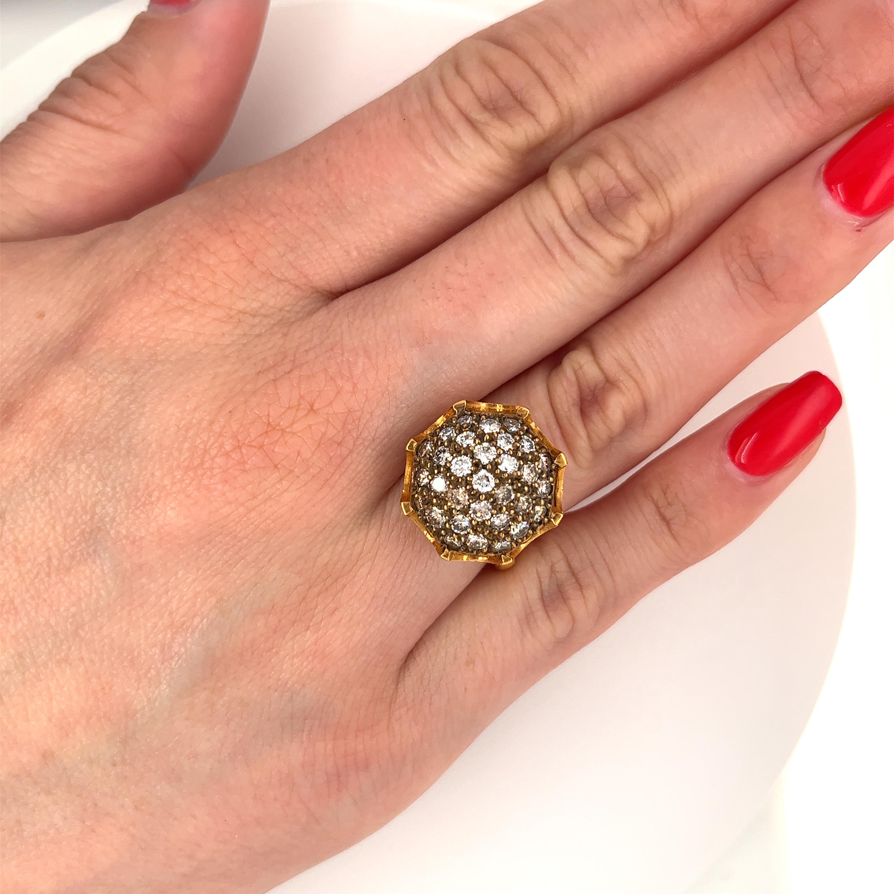Women's Vintage Retro 22k Carved Yellow Gold and Round Ball Diamond Cluster Ring  For Sale