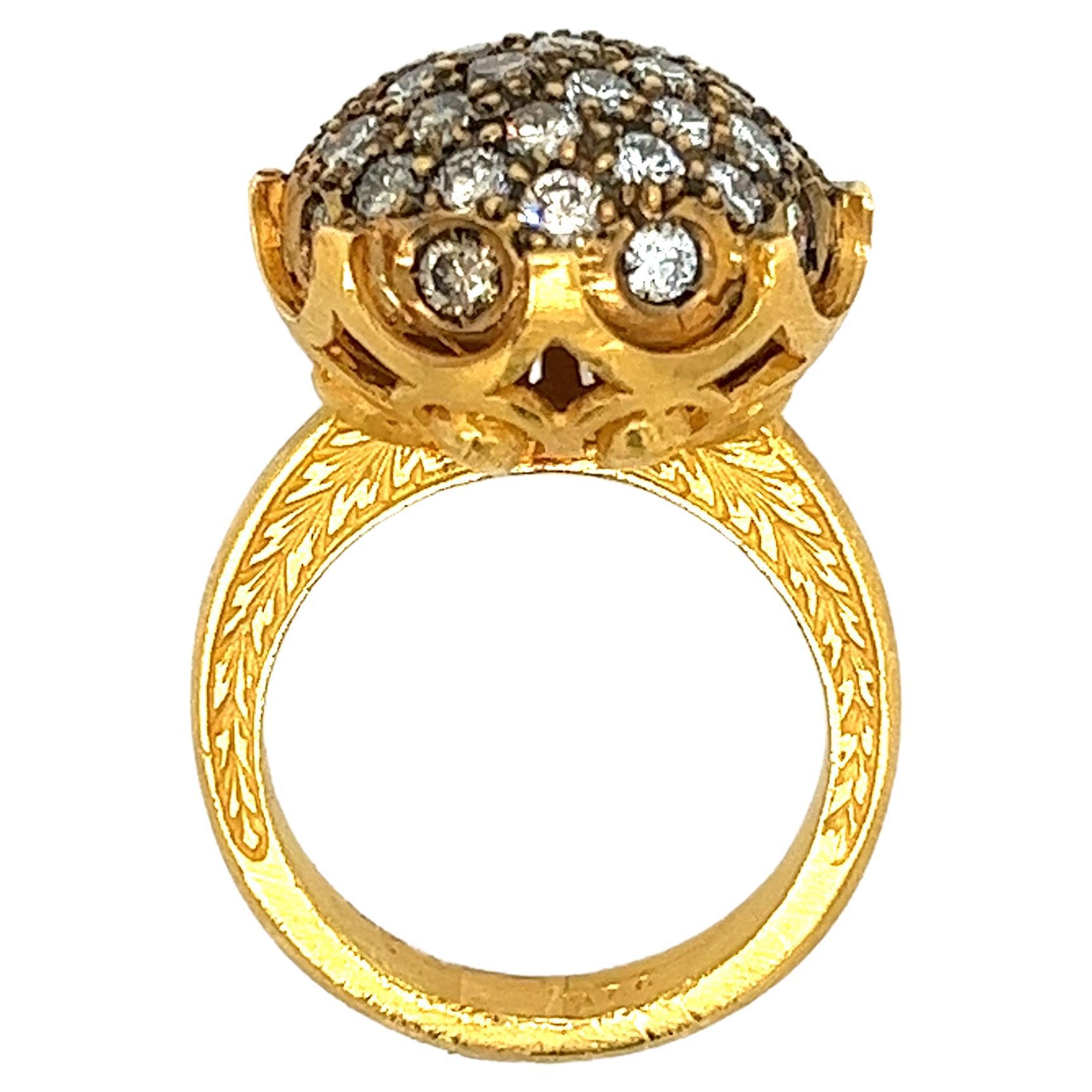 Vintage Retro 22k Carved Yellow Gold and Round Ball Diamond Cluster Ring 