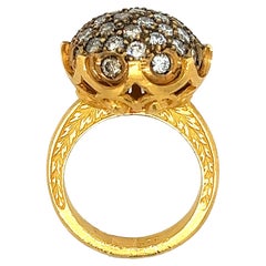Vintage Retro 22k Carved Yellow Gold and Round Ball Diamond Cluster Ring 