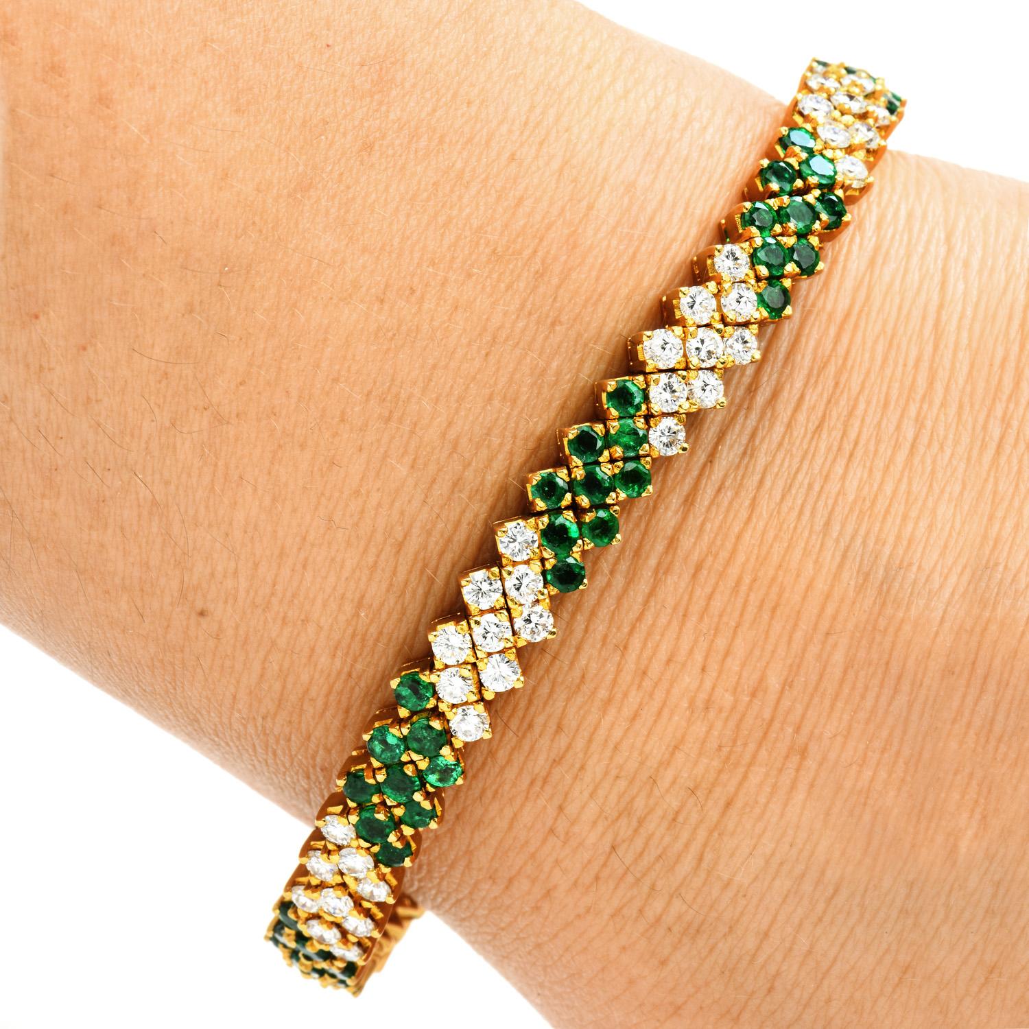 Vintage Retro 3 Diamond Sapphire Ruby Emerald 18K Yellow Gold Stackable Bracelet 6