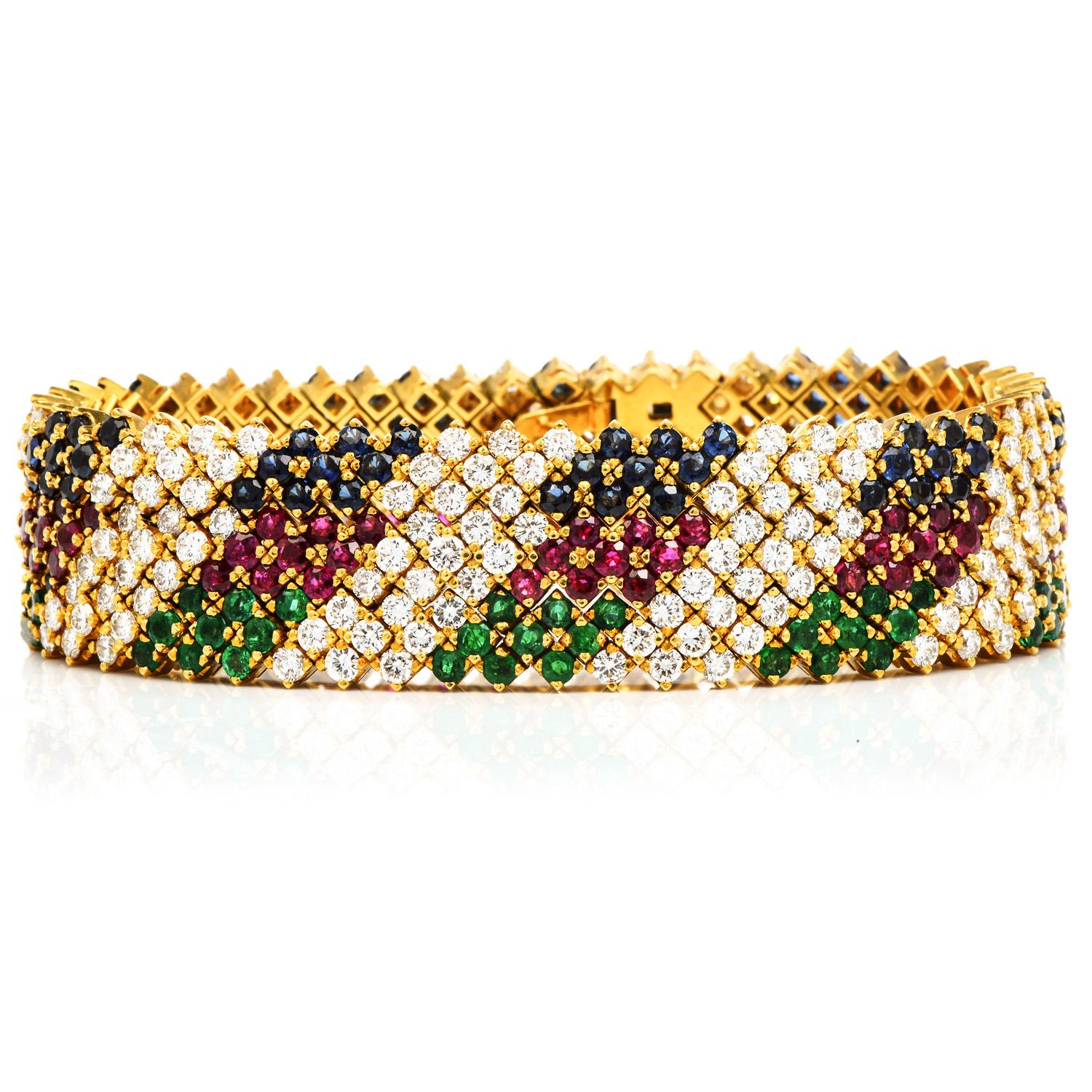 Vintage Reto 1980s Cluster style link three Stackable bracelets Set in 18k yellow gold.

Each Brecelets are Enhanced in the center with an alternate triple row of Diamonds, Blue Sapphires, and Emerald & Rubies, adding sparkle and deep color to the