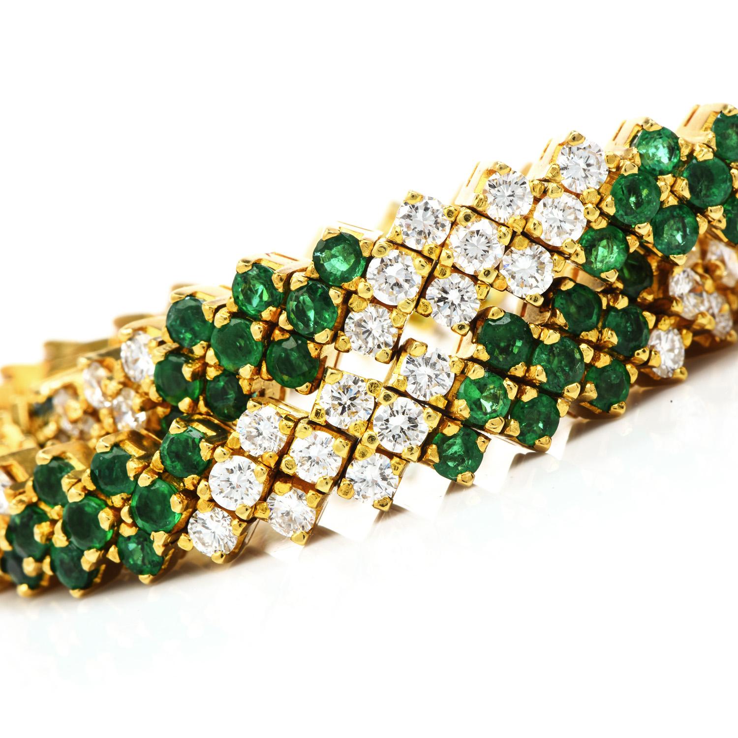 Modern Vintage Retro 3 Diamond Sapphire Ruby Emerald 18K Yellow Gold Stackable Bracelet