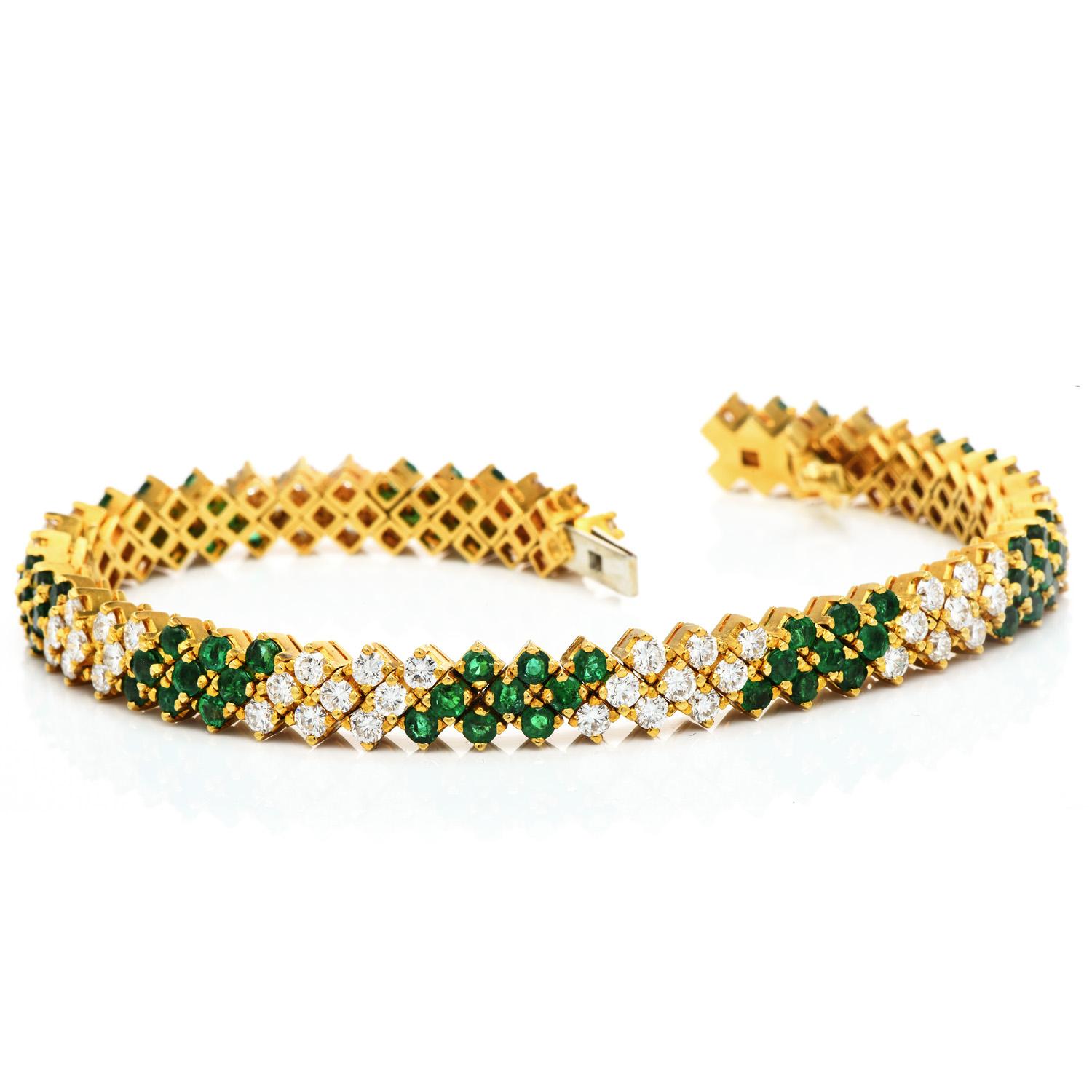 Vintage Retro 3 Diamond Sapphire Ruby Emerald 18K Yellow Gold Stackable Bracelet In Excellent Condition In Miami, FL