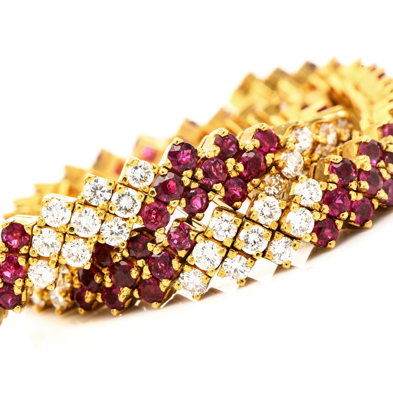 Vintage Retro 3 Diamond Sapphire Ruby Emerald 18K Yellow Gold Stackable Bracelet 1