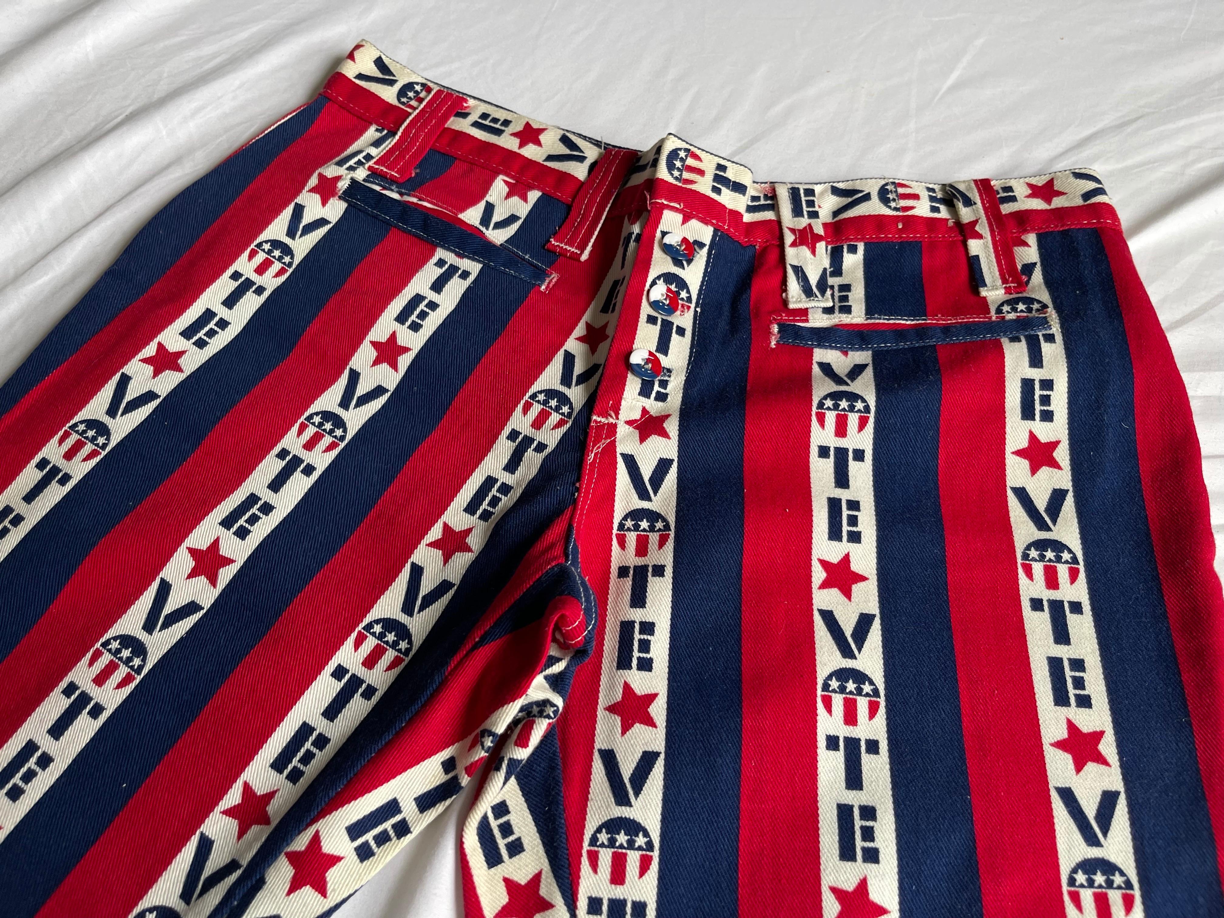 Vintage 1970s men's patriotic red, white & blue 'vote' cotton flared bell bottoms - new old stock - these were never used. The owner just washed them once and put them away. Great piece of original Americana history in excellent unused condition. 
