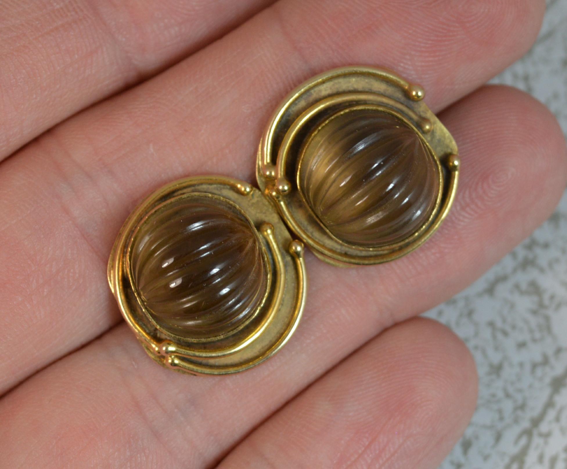 Vintage Retro 9 Carat Gold and Smoky Quartz Pair of Cufflinks In Good Condition In St Helens, GB