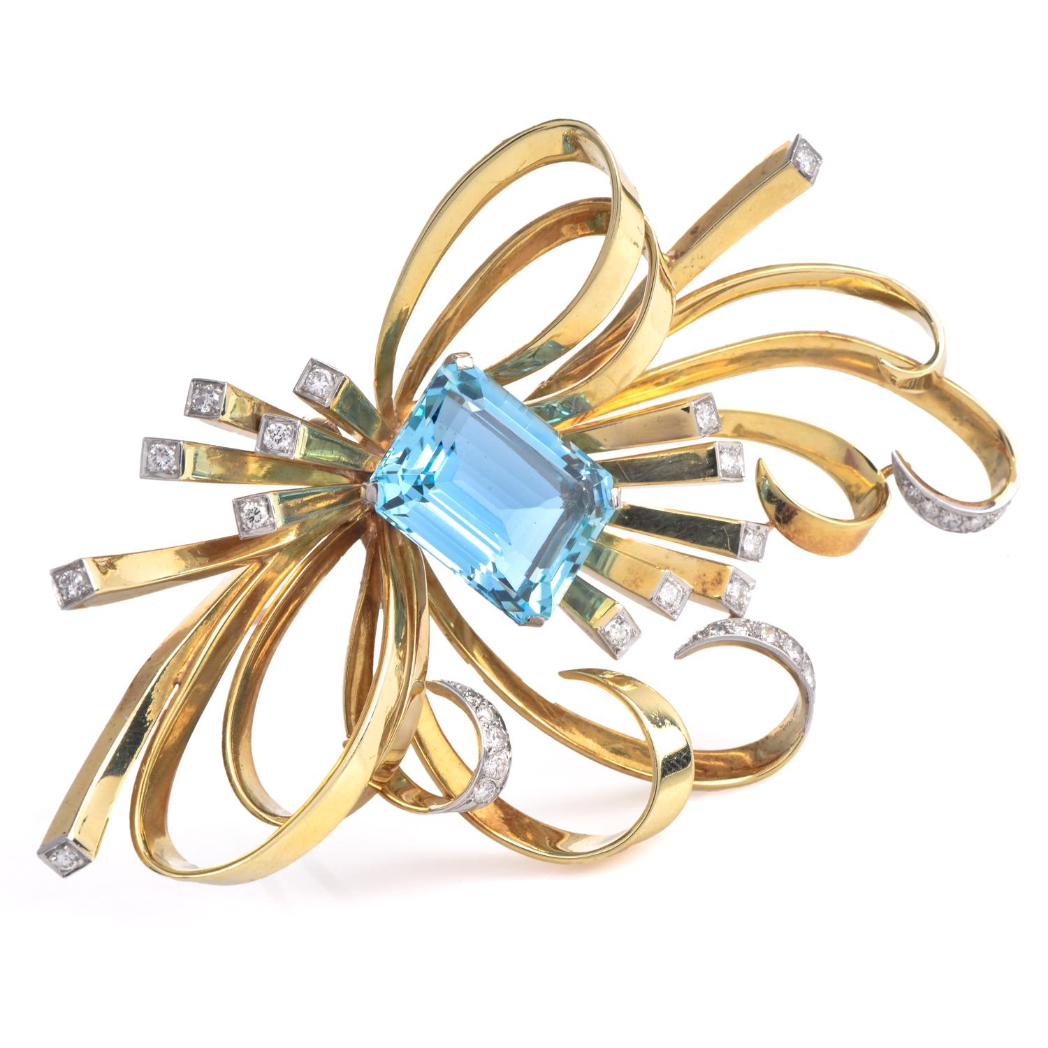 Stunning Retro 1950S Vinatge 18K Yellow Gold Ribbon Brooch with Starburst Strokes decorated with Natural Diamonds centered with a GIA-certified genuine Ocean Blue Aquamarine weighing approx. 19.01 carats. The Diamonds are brilliant round prongs set
