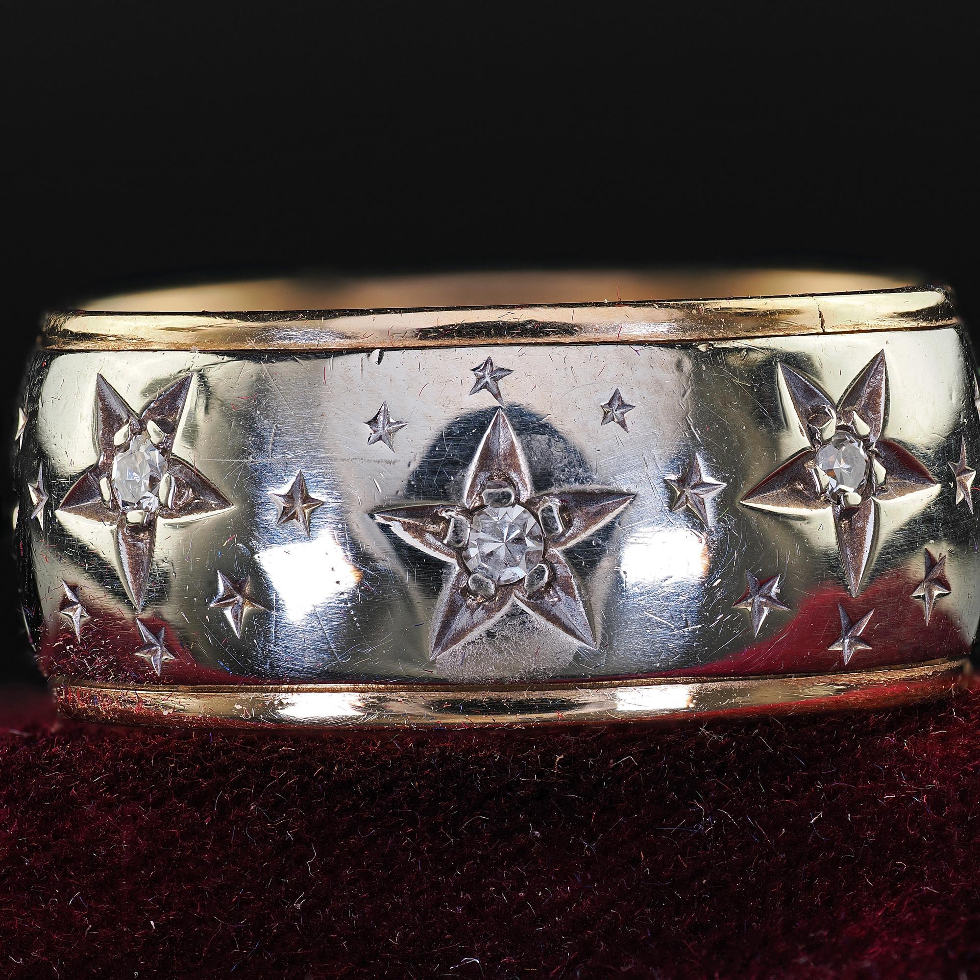 Vintage Retro Art Carved 14K Dos Tonos Diamante Estrella Anillo de Boda Ancho Tamaño 7 en venta 1