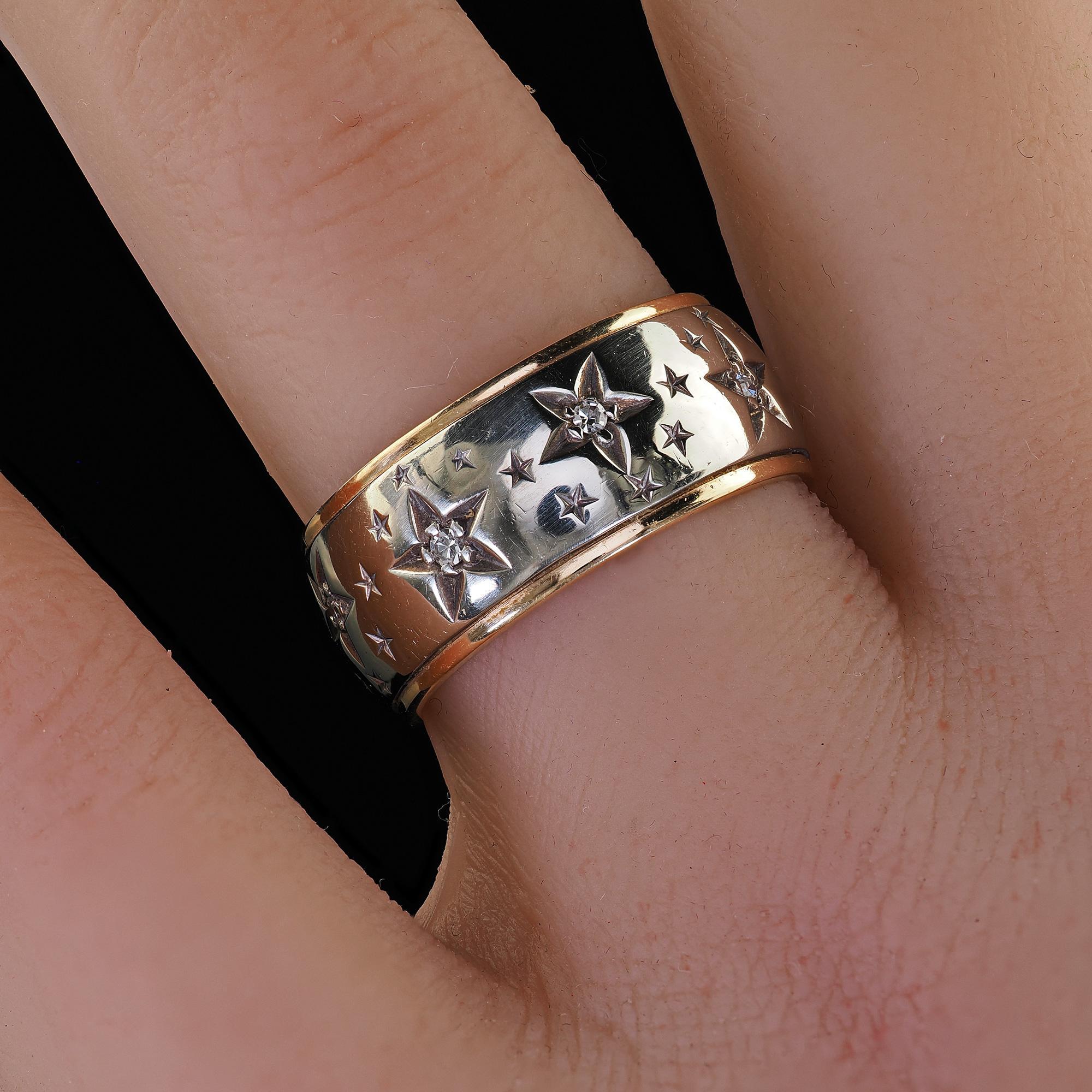 Vintage Retro Art Carved 14K Dos Tonos Diamante Estrella Anillo de Boda Ancho Tamaño 7 en venta 4