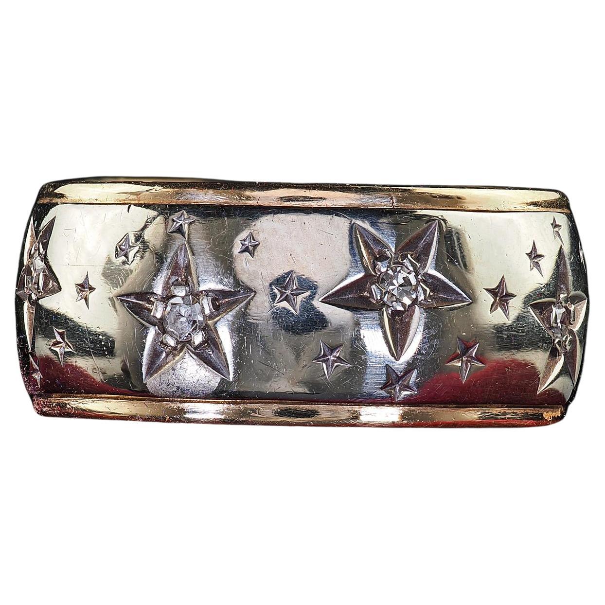 Vintage Retro Art Carved 14K Dos Tonos Diamante Estrella Anillo de Boda Ancho Tamaño 7
