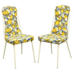 Vintage Retro Atomic Era Metal Kitchen Dining Chairs w/ Blue Yellow Flowers Pair