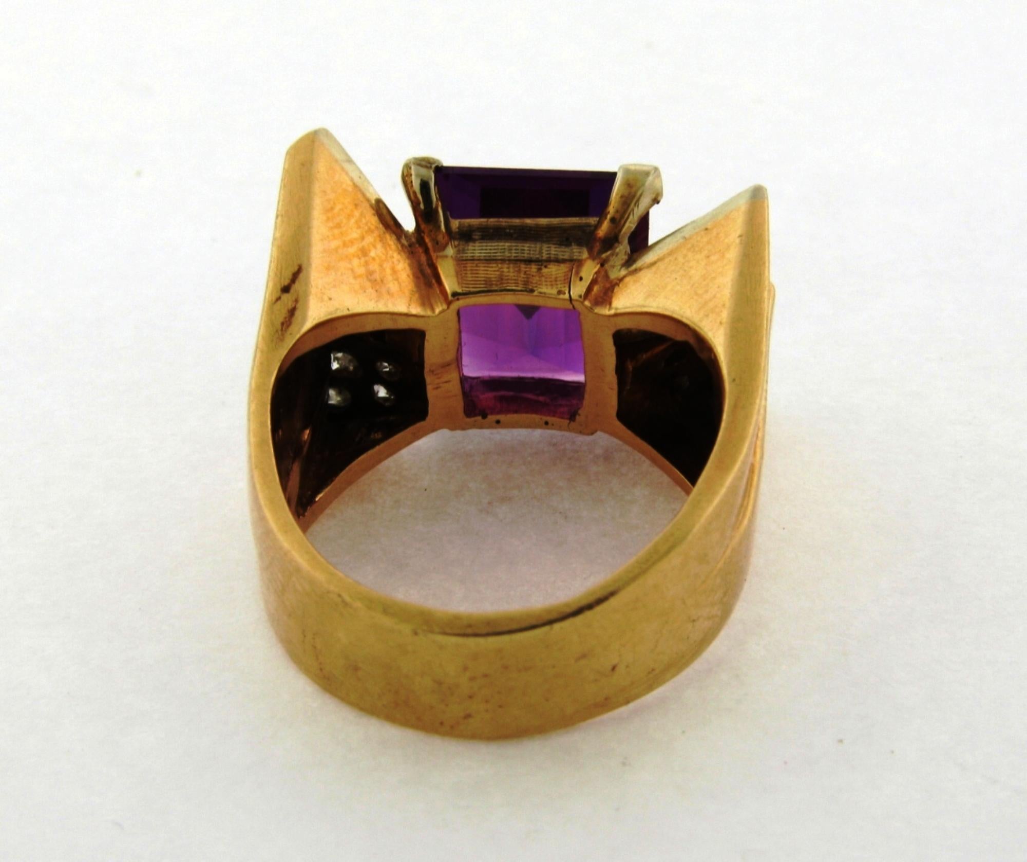 Emerald Cut Vintage Retro Bow Design 6C Amethyst Diamond Yellow Gold Ring