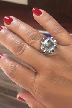 Vintage Retro Brazilian Aquamarine Statement Ring in Sterling Silver & 18k Gold