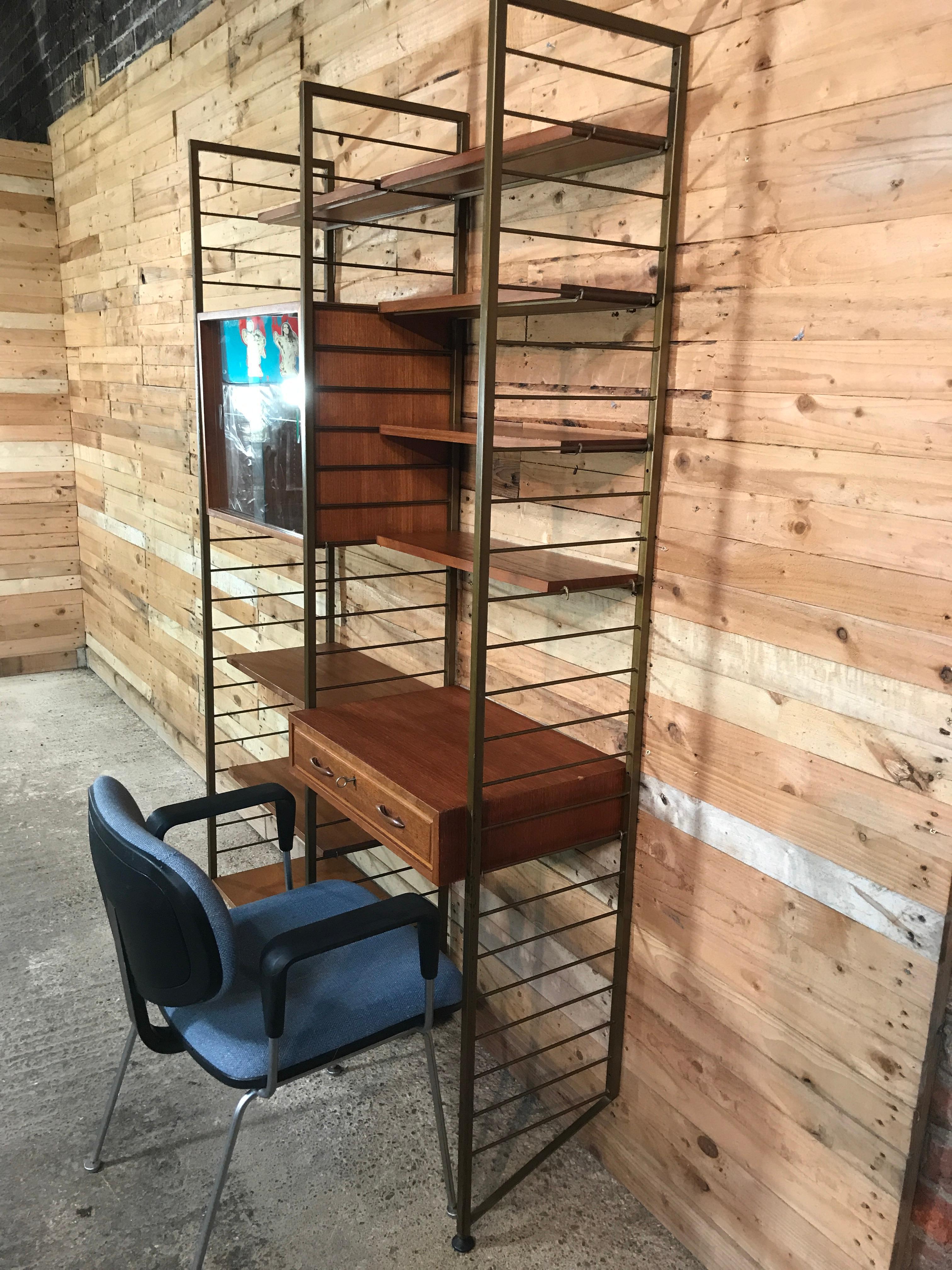 British Vintage Retro Bronzed Metal Framed Teak Living Room / Wall System