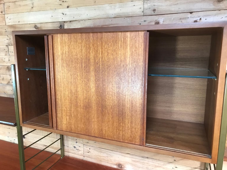 Vintage Retro Bronzed Metal Framed Teak Living Room Wall System