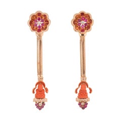 Vintage Retro Buddha Earrings Coral Ruby Diamond 14 Karat Rose Gold Jewelry