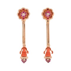 Vintage Retro Buddha Earrings Coral Ruby Diamond 14k Rose Gold Jewelry