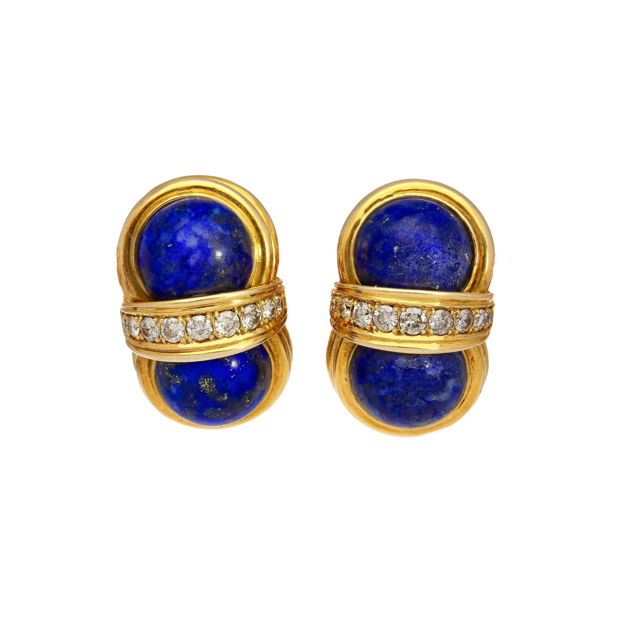 Vintage 18K Yellow Gold Cabochon-Cut Rich Deep Blue Lapis Lazuli with Round Cut Diamonds Earring and Ring Set.

Earring Details:
Item Type: Clip On Earring
Metal: 18K Yellow Gold
Weight: 20.67 Grams

Earring Gemstone Details:
Type: Lapis