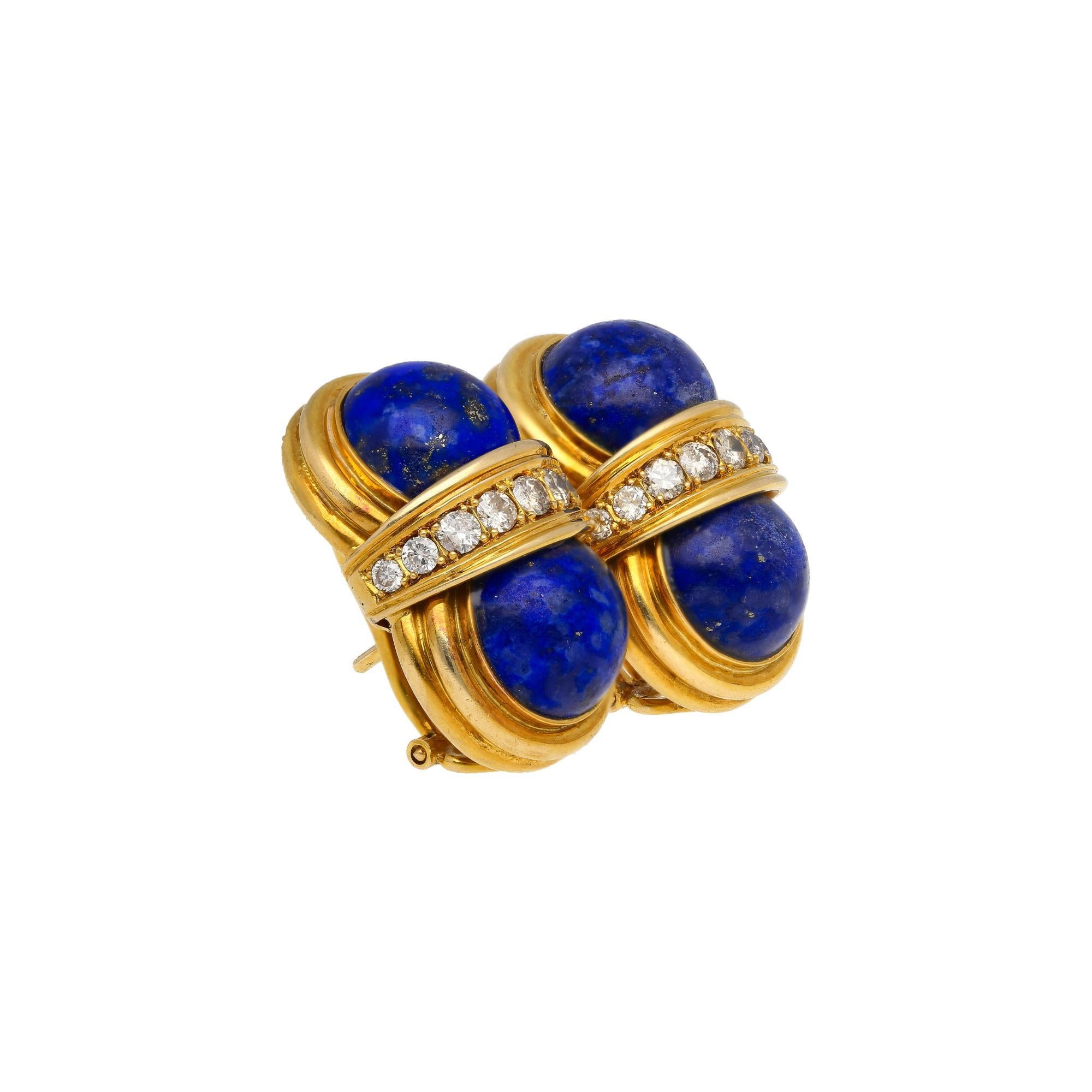 Women's Vintage Retro Cabochon Lapis Lazuli 18K Gold Clip-On Earrings and Ring Set For Sale