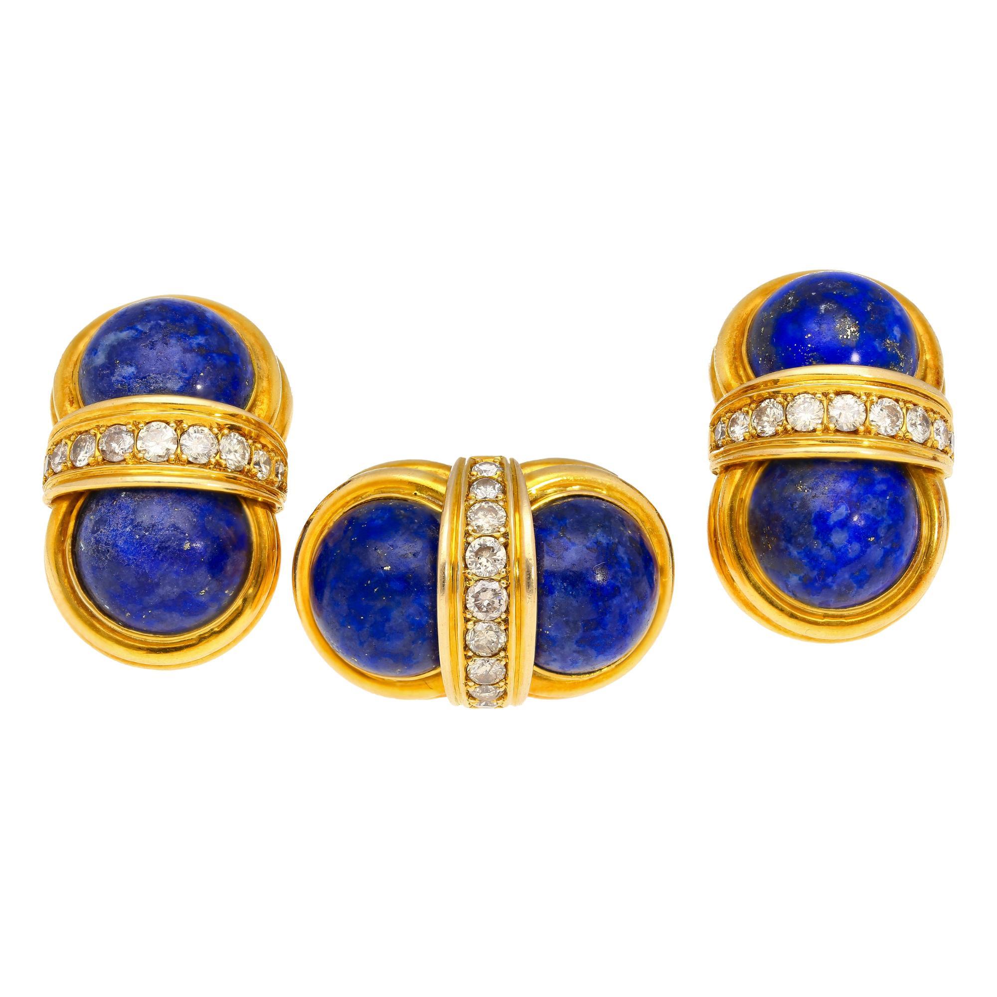 Vintage Retro Cabochon Lapis Lazuli 18K Gold Clip-On Earrings and Ring Set For Sale 1