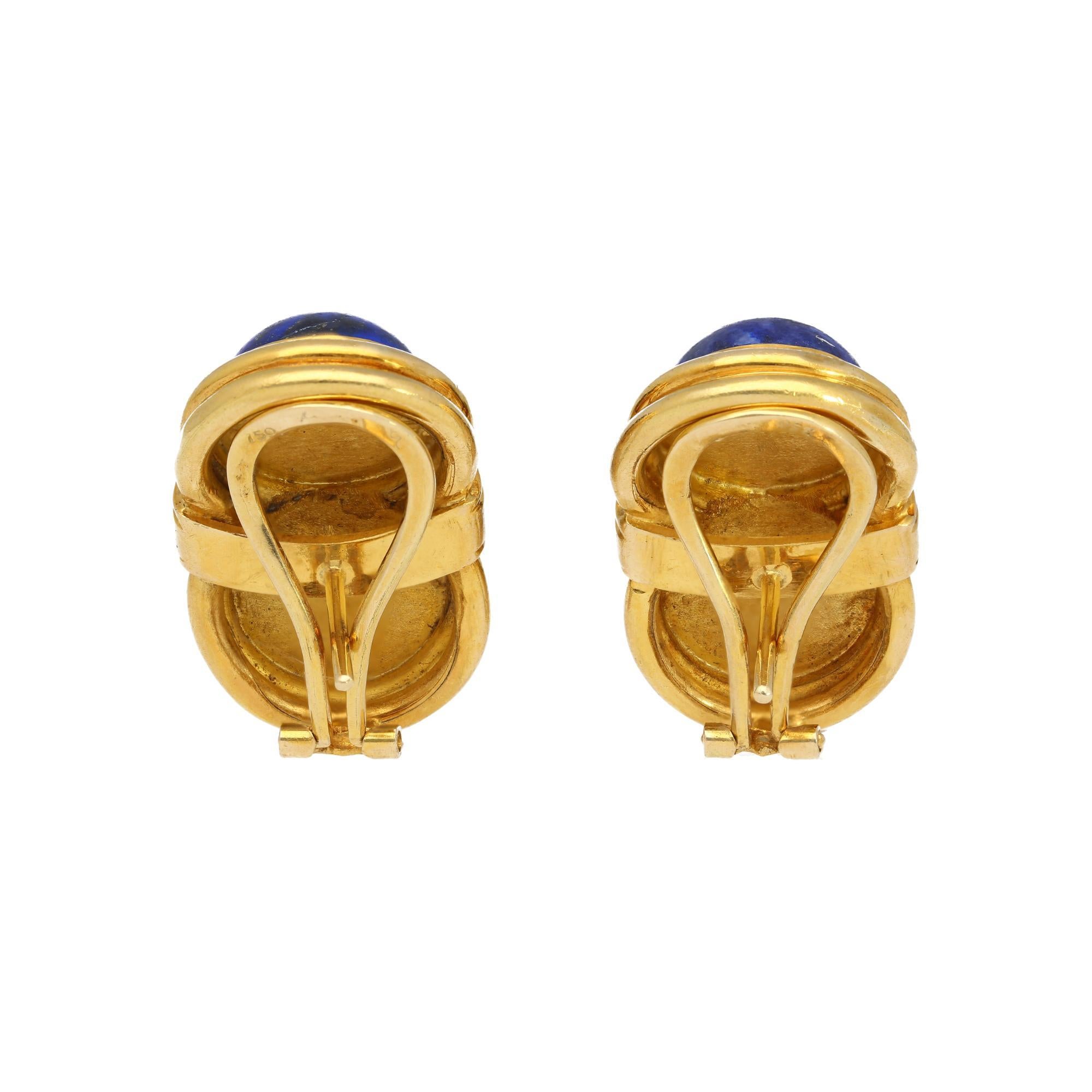 Vintage Retro Cabochon Lapis Lazuli 18K Gold Clip-On Earrings and Ring Set For Sale 2