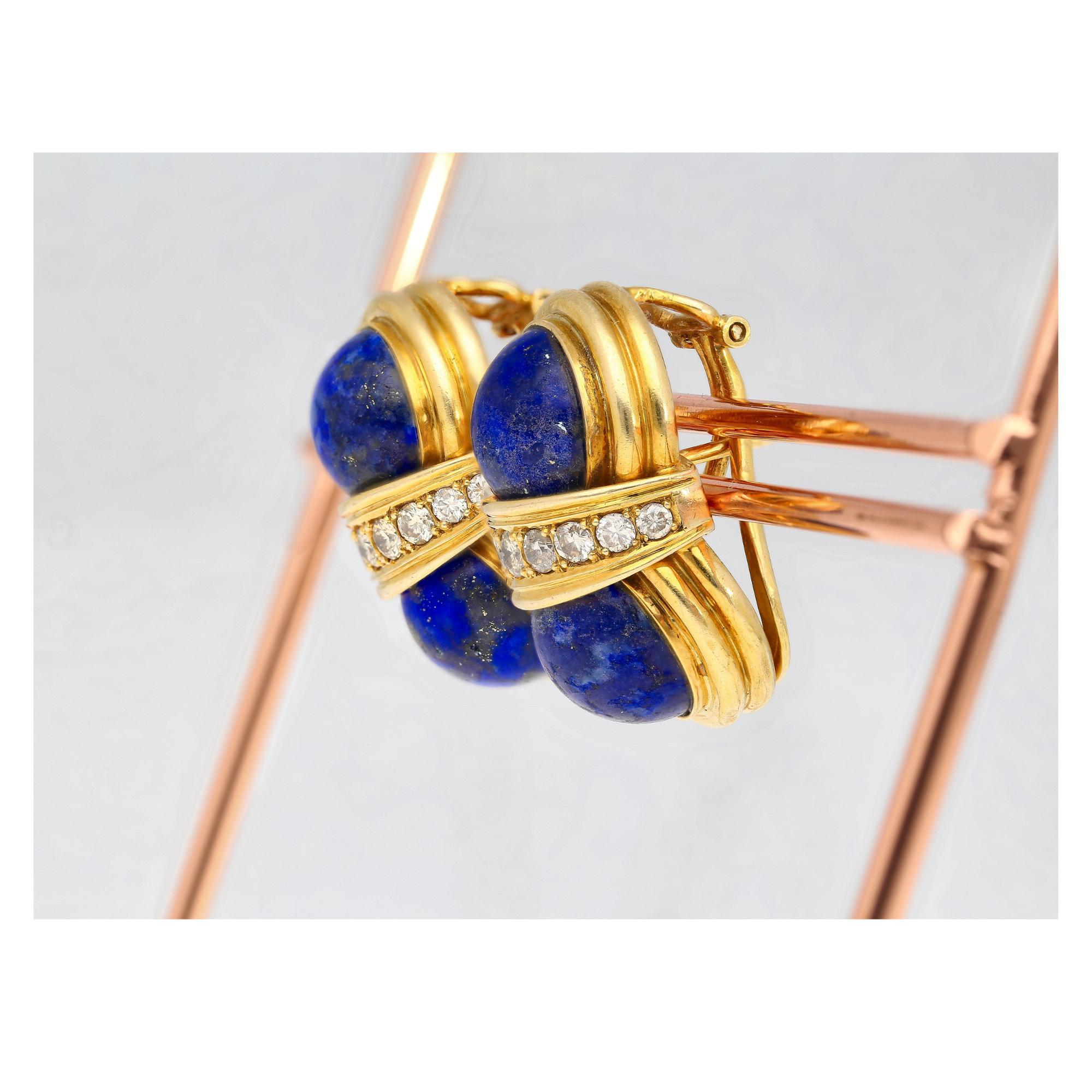 Vintage Retro Cabochon Lapis Lazuli 18K Gold Clip-On Earrings and Ring Set For Sale 4
