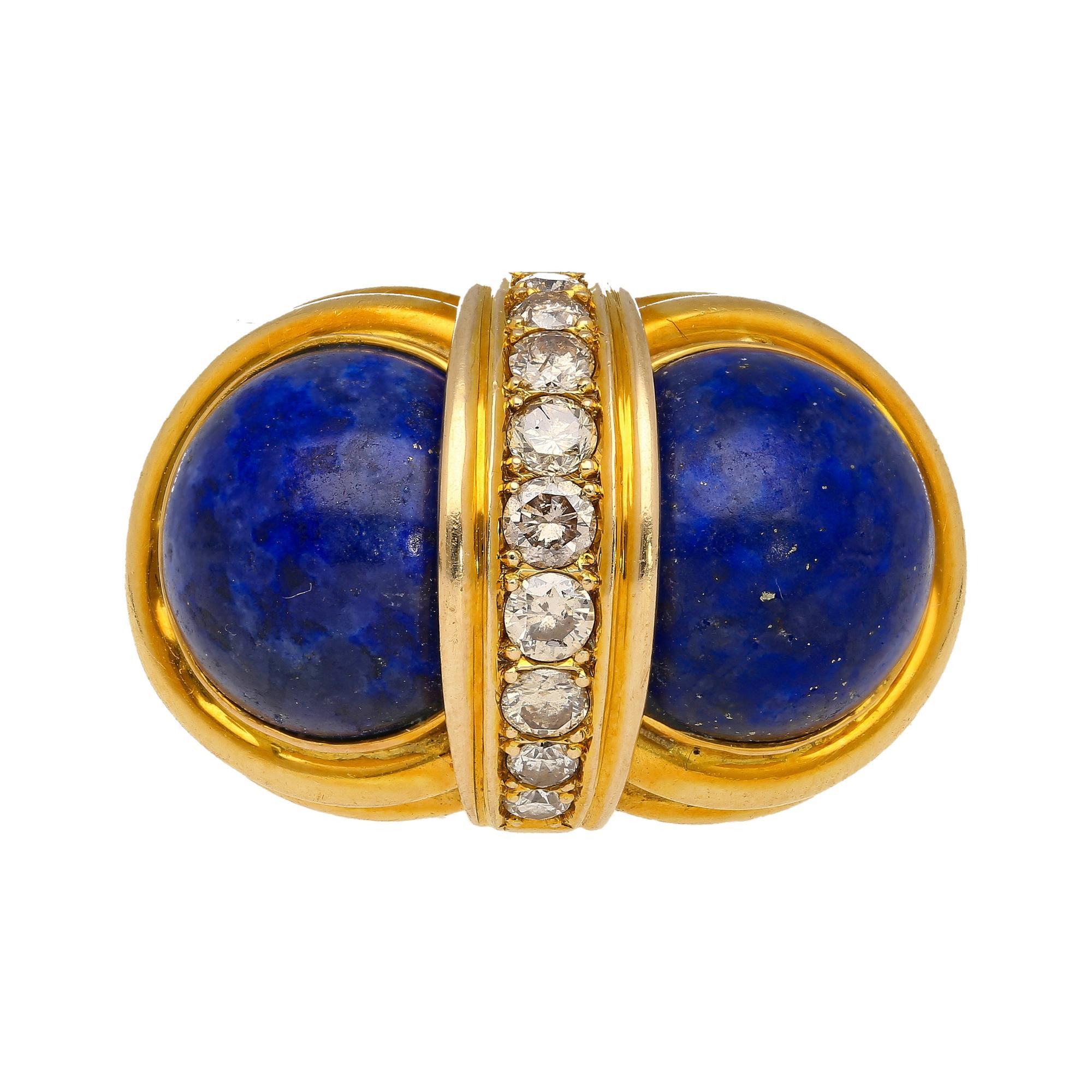 Vintage Retro Cabochon Lapis Lazuli 18K Gold Clip-On Earrings and Ring Set For Sale 5