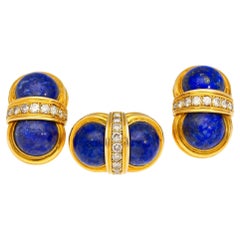 Vintage Retro Cabochon Lapis Lazuli 18K Gold Clip-On Earrings and Ring Set