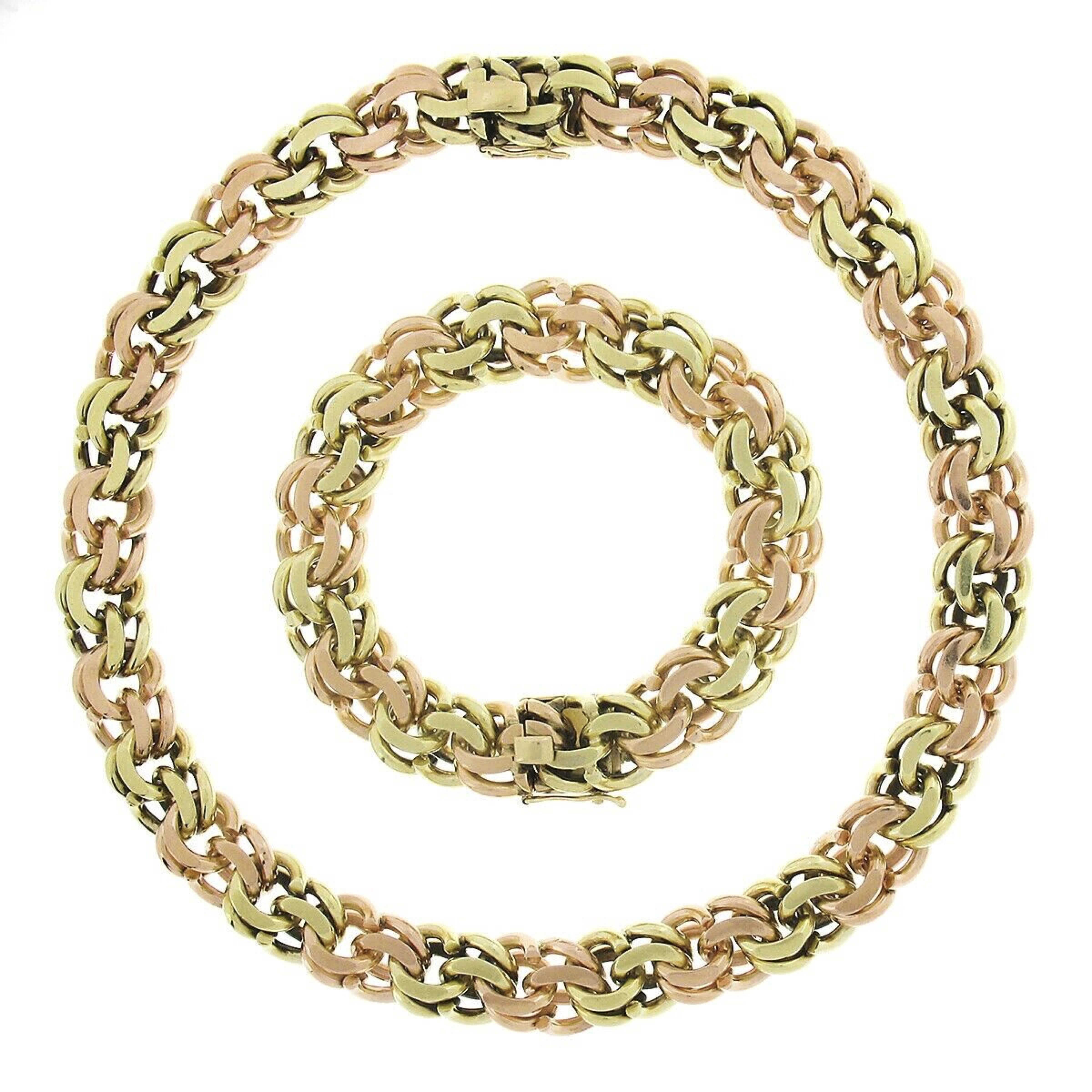 This magnificent and very well made vintage Cartier matching necklace and bracelet set is crafted from solid 14k green and rose gold. The substantial and heavy bracelet and necklace are constructed from wide, alternating green and rose gold, double