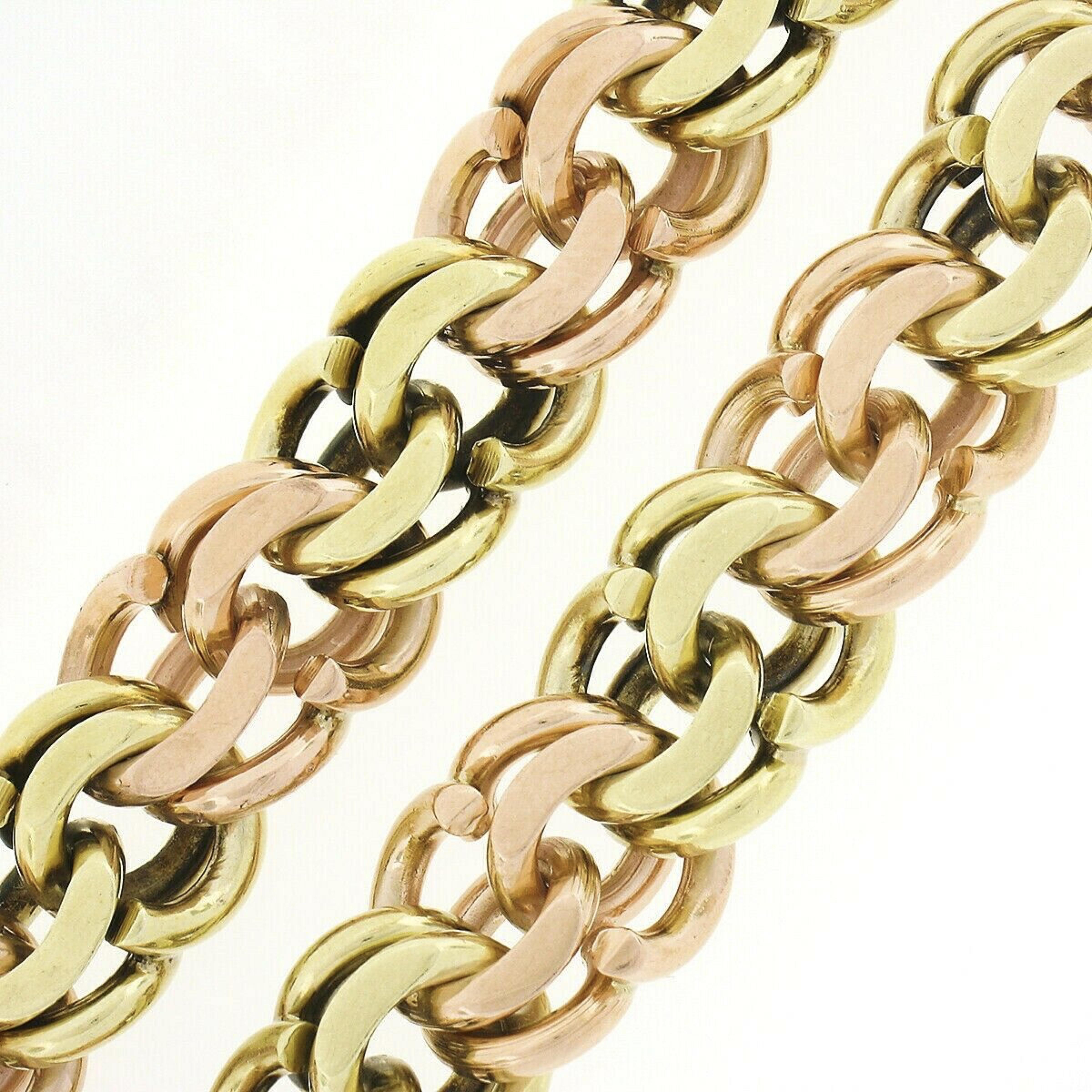 Women's or Men's Vintage Retro Cartier 14k Pink Green Gold Double Curb Link Bracelet Necklace Set For Sale
