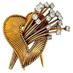 Vintage Retro Cartier 18 Karat Gold Heart Diamond Spray Brooch