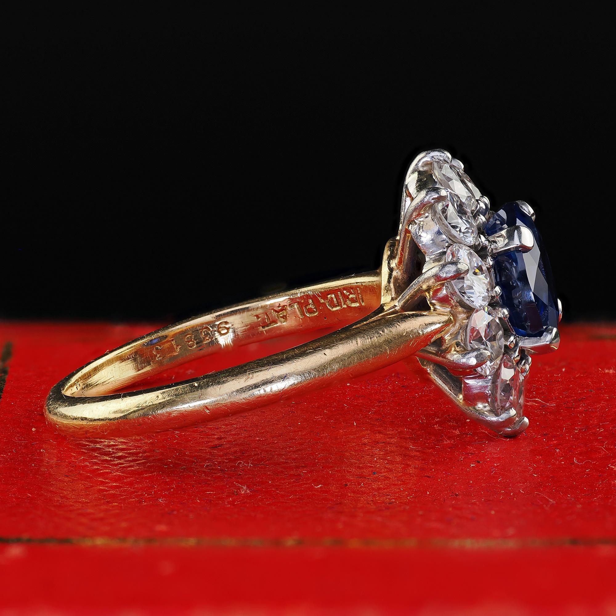 Vintage Retro Cartier Verlobungsring aus 18 Karat Gold mit Burma-Saphir und Diamant - GIA im Angebot 1