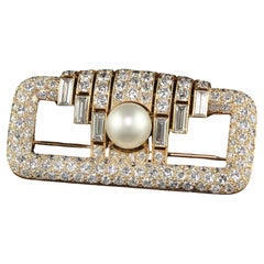 Spilla vintage retrò Cartier in oro giallo 18 carati con diamanti e perle naturali - GIA