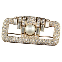 Cartier Broche rétro vintage en or jaune 18 carats avec diamants et perles naturelles - GIA