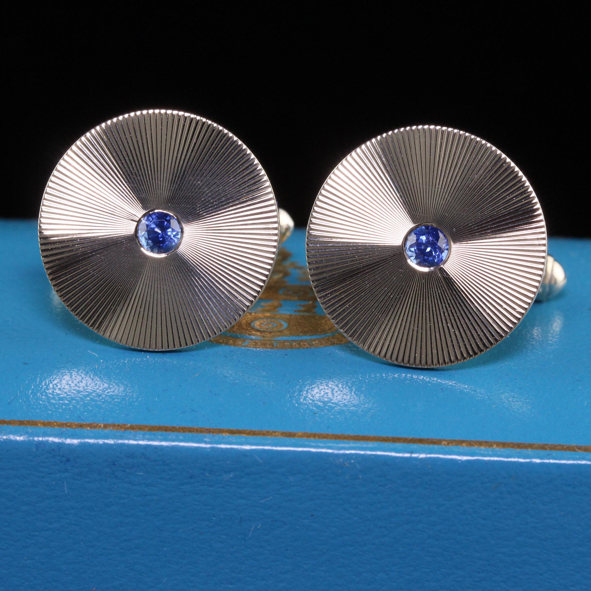 Beautiful Vintage Retro C.D. Peacock 14K White Gold Natural Sapphire Cufflinks. This beautiful pair of cufflinks are crafted in 14k white gold. The center of each cufflink holds a natural blue sapphire with exceptional color and brilliance. The