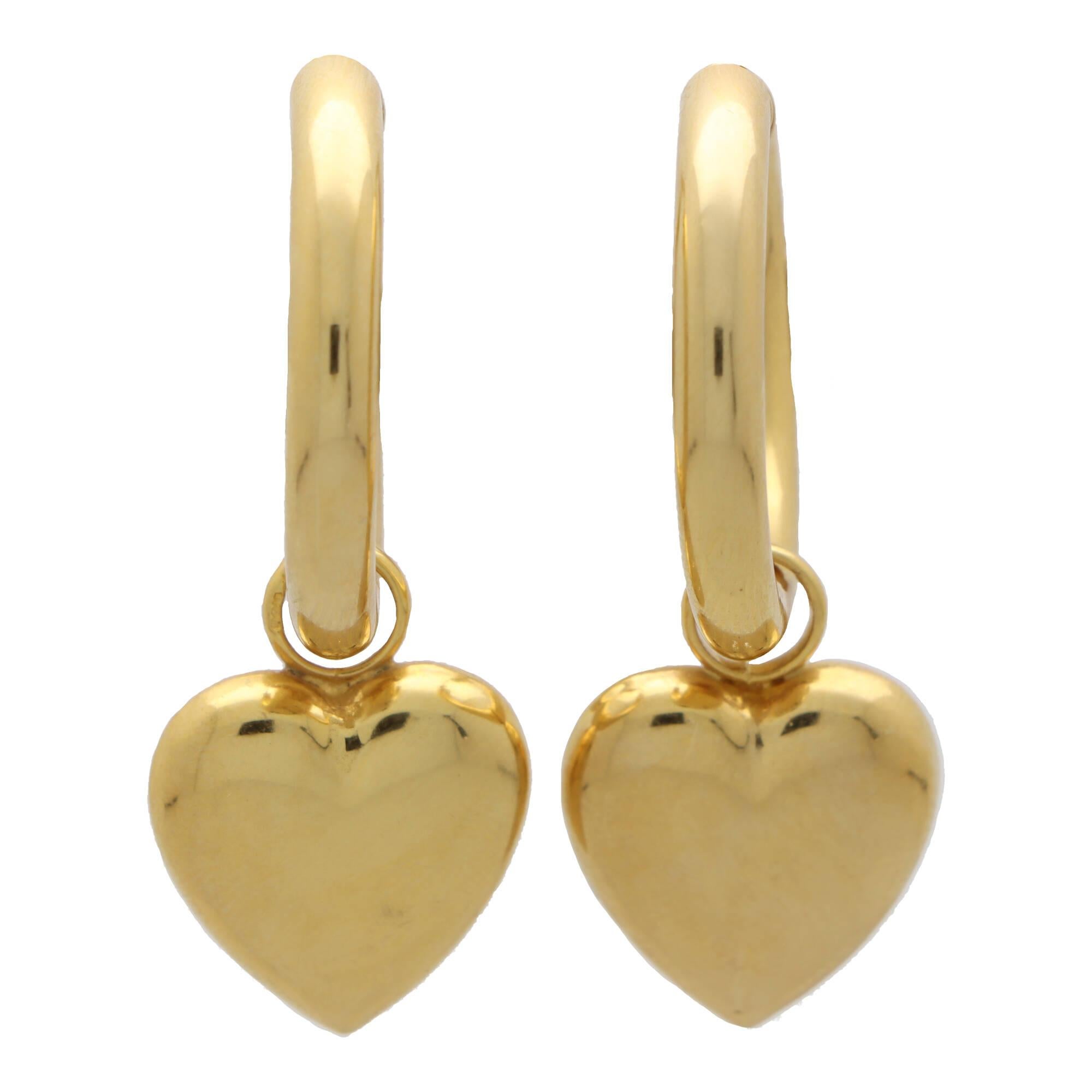 Women's or Men's Vintage Retro Convertible Heart Drop Hoop Earrings in 9k Yellow Gold For Sale