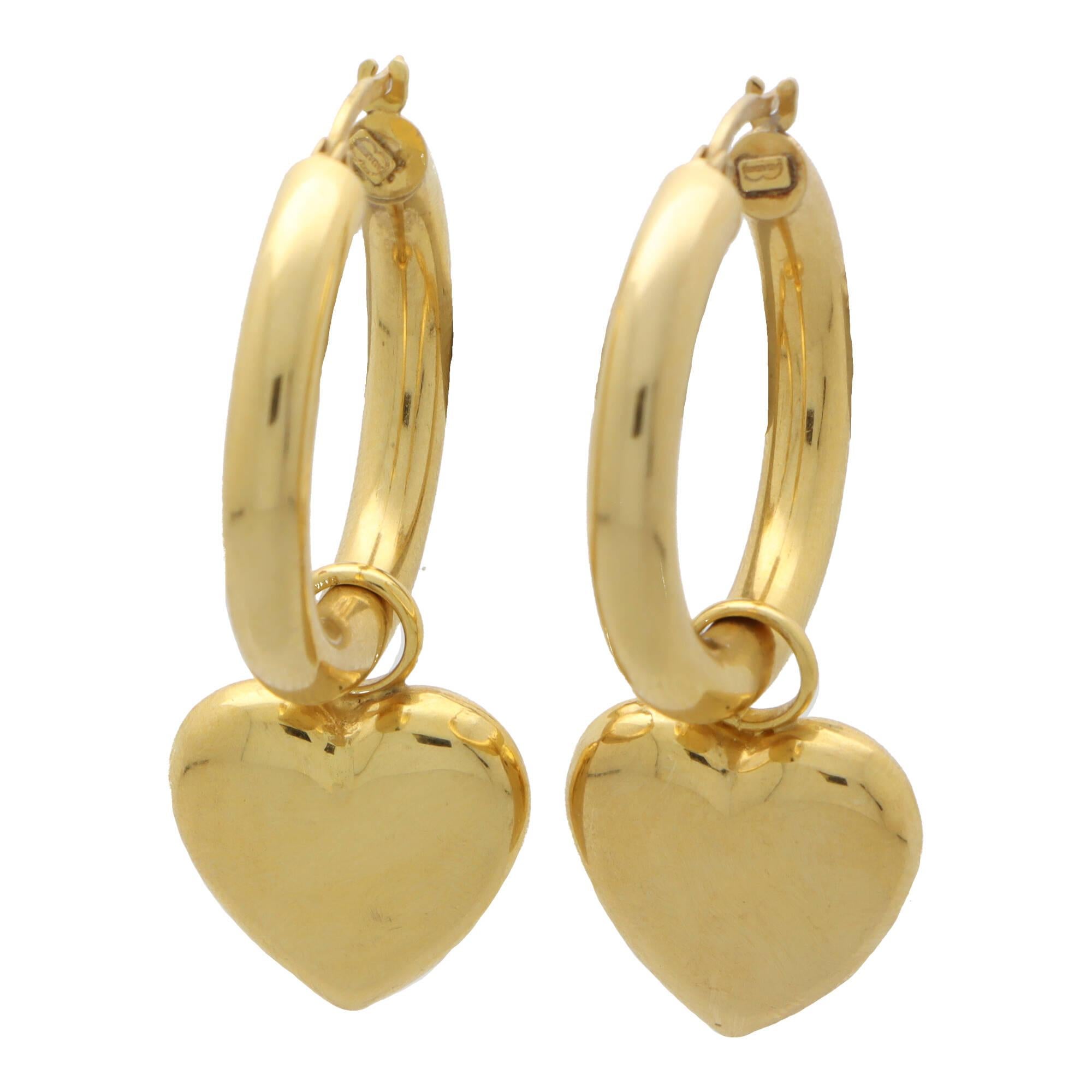 Vintage Retro Convertible Heart Drop Hoop Earrings in 9k Yellow Gold For Sale 1